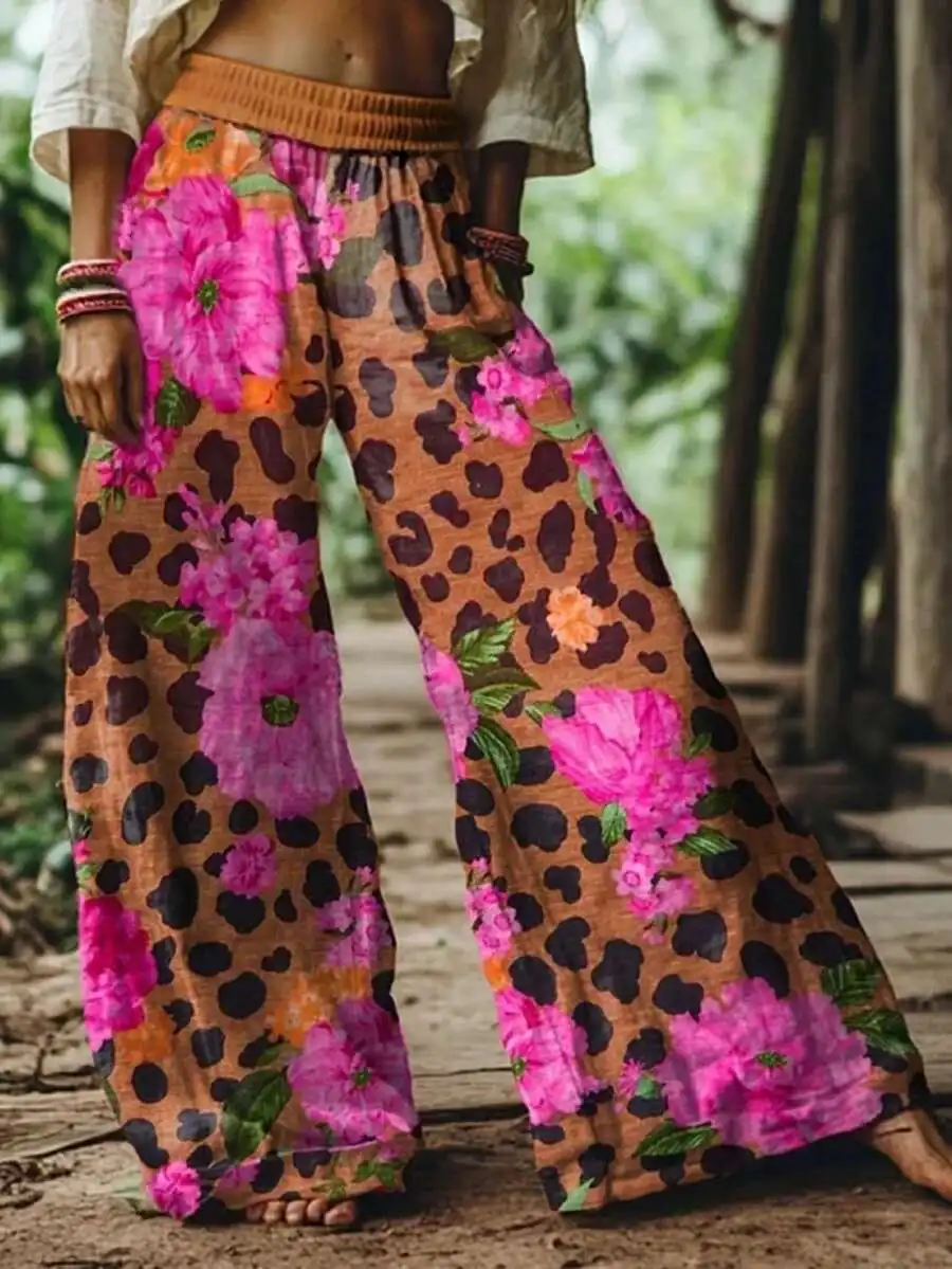 Boho Leopard Pink Floral Wide Leg Pants Women Elastic Waist Casual Summer Trousers
Boho Leopard Pink Floral Wide Leg Pants Women Elastic Waist Casual Summer Trousers