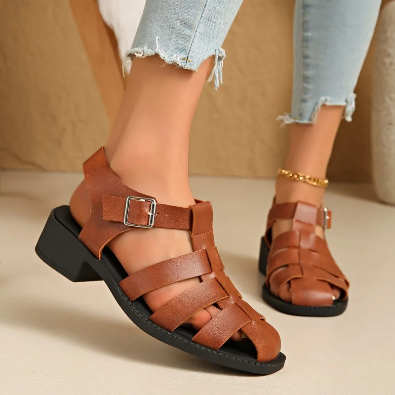 Women Brown Woven Leather Sandals with Ankle Strap Buckle Open Toe Low Heel Comfortable Walking Shoes Casual Summer Footwear
Women Brown Woven Leather Sandals with Ankle Strap Buckle Open Toe Low Heel Comfortable Walking Shoes Casual Summer Footwear