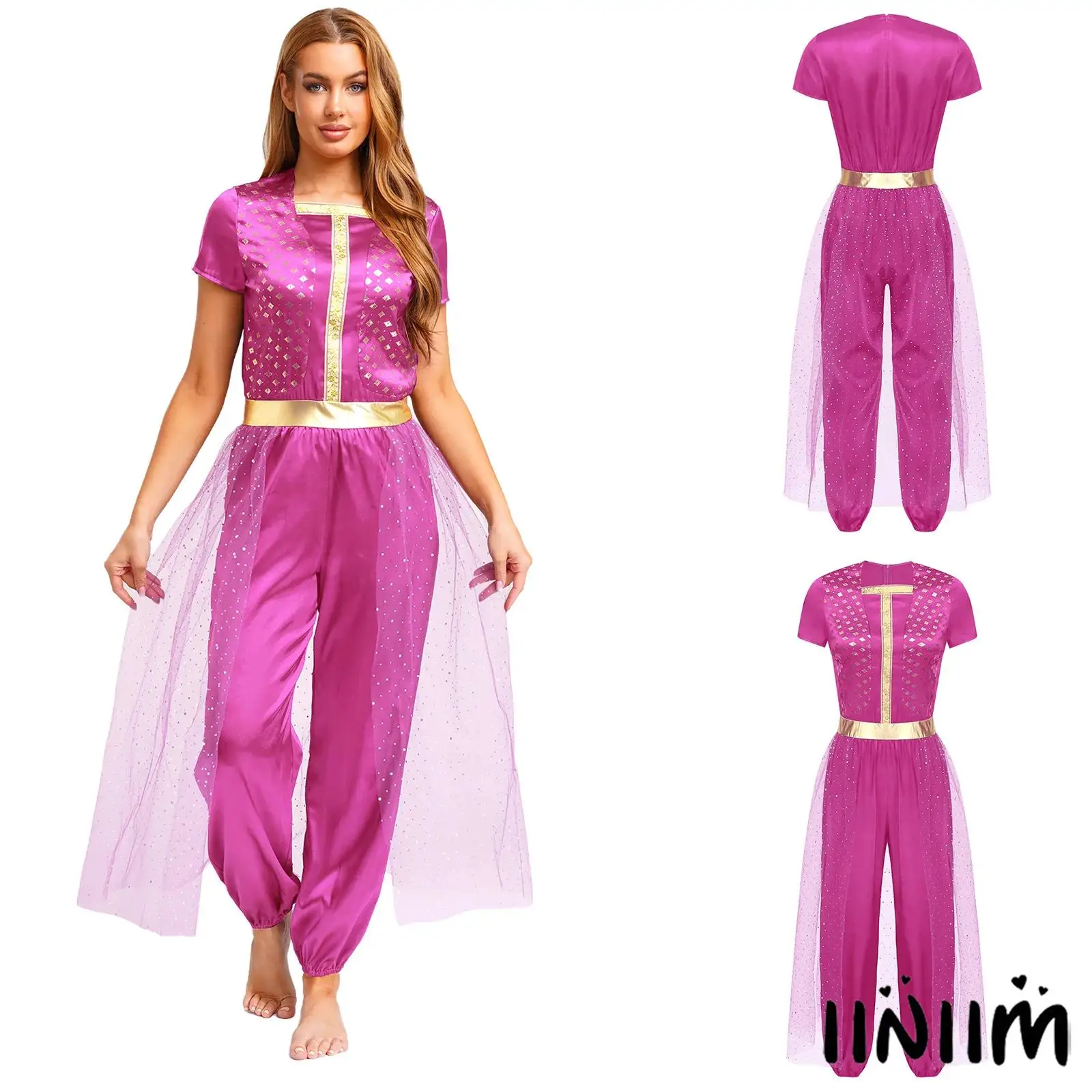 Womens Arabian Princess Costume Jumpsuit+Sequined Tulle Overlay Romper Lamp Costume for Halloween Cosplay Fancy Dress-up Party
Womens Arabian Princess Costume Jumpsuit+Sequined Tulle Overlay Romper Lamp Costume for Halloween Cosplay Fancy Dress-up Party
