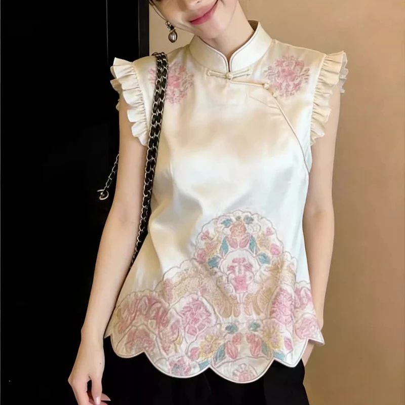 Spring Summer Women Stand Collar Chinese Ruffels Embroidery Floral Beige Top Shirt , Woman Imitation Silk Flower Tops Shirts
Spring Summer Women Stand Collar Chinese Ruffels Embroidery Floral Beige Top Shirt , Woman Imitation Silk Flower Tops Shirts