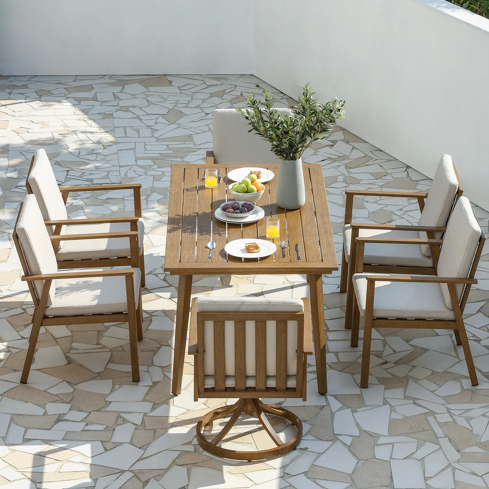 SeeHill 7 Pieces Patio Dining Set for 6, Outdoor Aluminum Dining Table Set with 2 Swivel Chairs, 4 Dining Chairs for Yard, Teak
SeeHill 7 Pieces Patio Dining Set for 6, Outdoor Aluminum Dining Table Set with 2 Swivel Chairs, 4 Dining Chairs for Yard, Teak