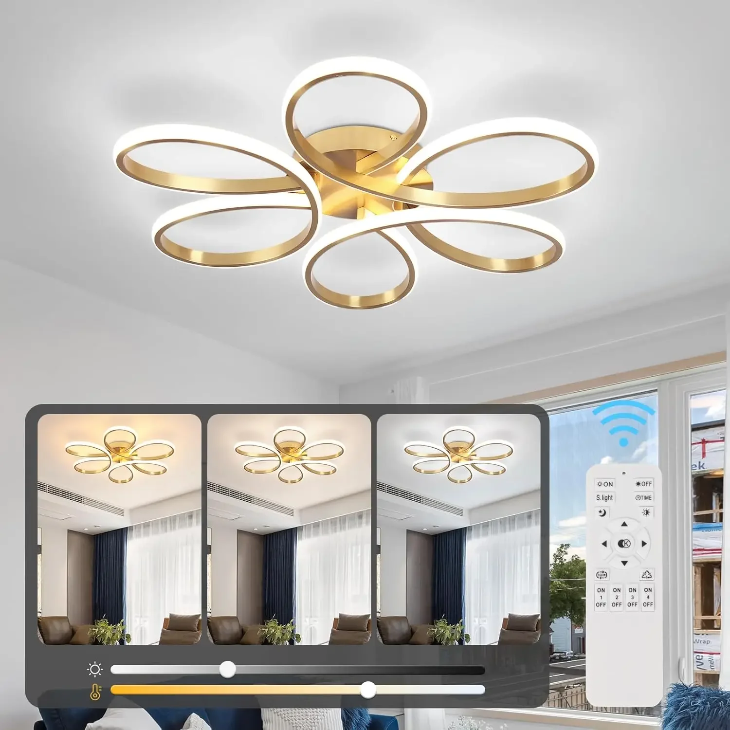 26inch Modern LED Ceiling Light, 6 Rings Flower Flush Mount Light Fixture with Remote Control Gold Dimmable Ceiling Lamp for Bed
26inch Modern LED Ceiling Light, 6 Rings Flower Flush Mount Light Fixture with Remote Control Gold Dimmable Ceiling Lamp for Bed