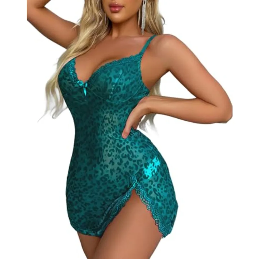 Sexy Side Slit Leopard Lingerie Set for Women Mesh Sheer V Neck Babydoll Dress Lace Trim Nightgowns with Thong
Sexy Side Slit Leopard Lingerie Set for Women Mesh Sheer V Neck Babydoll Dress Lace Trim Nightgowns with Thong