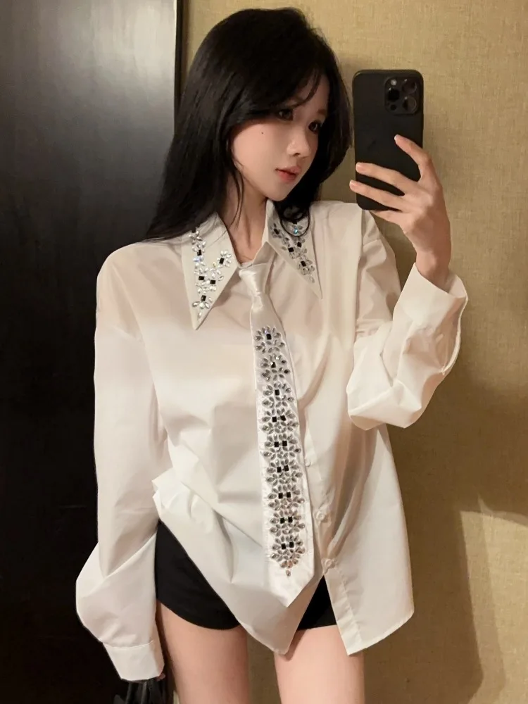 Pure Desire Atmosphere Girl Personality Long Sleeve Shirt Women Spring Summer New Loose Top Glue Drill Tie Waist Casual Fashion
Pure Desire Atmosphere Girl Personality Long Sleeve Shirt Women Spring Summer New Loose Top Glue Drill Tie Waist Casual Fashion