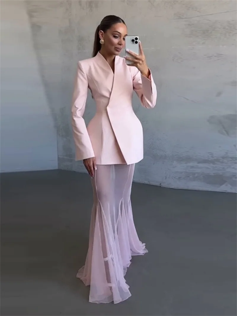 Pink Women Suits Skirt Set 2 Pcs Satin Blazer+Sheer Tulle Prom Dress Long Formal Wedding Guest Robes Autumn Party Evening Gown
Pink Women Suits Skirt Set 2 Pcs Satin Blazer+Sheer Tulle Prom Dress Long Formal Wedding Guest Robes Autumn Party Evening Gown