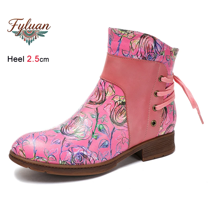 New Winter Pink Genuine Leather Rose Stamp Women's Ankle Boots Thick Heels Round Toe Back Lace Up Side Zipper Ladies Pumps Shoes
New Winter Pink Genuine Leather Rose Stamp Women's Ankle Boots Thick Heels Round Toe Back Lace Up Side Zipper Ladies Pumps Shoes
