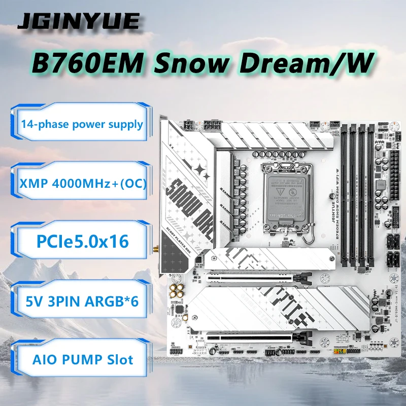 Материнская плата JGINYUE B760EM Snow Dream WiFi-W M-ATX LGA1700 для процессоров Core 12/13/14-го поколения i5/i7 14600K/14700K с PCIe5.0x16 и поддержкой оперативной памяти DDR4 для игр.
Материнская плата JGINYUE B760EM Snow Dream WiFi-W M-ATX LGA1700 для процессоров Core 12/13/14-го поколения i5/i7 14600K/14700K с PCIe5.0x16 и поддержкой оперативной памяти DDR4 для игр.