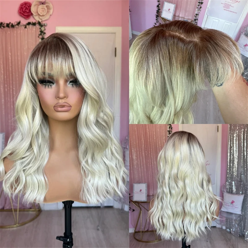 18 Inch Medium Long Natural Wave Wig Ombre Platinum Blonde Balayage Highlights Synthetic Wig with Bangs Soft HD Lace Front Wig
18 Inch Medium Long Natural Wave Wig Ombre Platinum Blonde Balayage Highlights Synthetic Wig with Bangs Soft HD Lace Front Wig