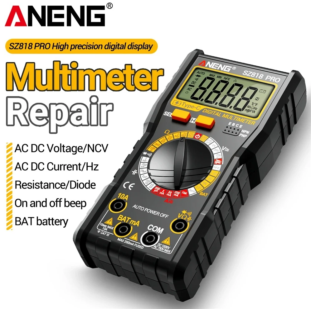 Digital Multimeters Rechargeable SZ818 Professional AC/DC Voltage NCV Ammeter Voltmeter hFE triode Capacitor Test Tools ANENG
Digital Multimeters Rechargeable SZ818 Professional AC/DC Voltage NCV Ammeter Voltmeter hFE triode Capacitor Test Tools ANENG