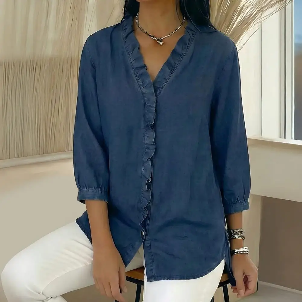Breathable Women Shirt Women’s V-neck Ruffle Trim Shirt Tops 3/4 Sleeve Blouses Loose Fit Pure Color Imitation Denim Wear
Breathable Women Shirt Women’s V-neck Ruffle Trim Shirt Tops 3/4 Sleeve Blouses Loose Fit Pure Color Imitation Denim Wear