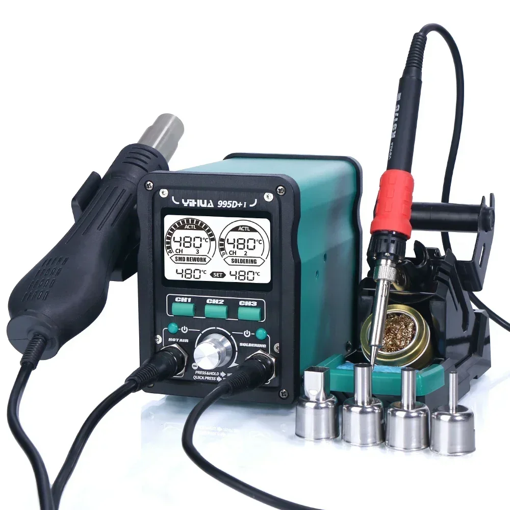 Soldering Station YIHUA 995D+SMD with Pluggable Hot Air Gun Soldering Iron BGA Rework Station Phone Repair Welding Station
Soldering Station YIHUA 995D+SMD with Pluggable Hot Air Gun Soldering Iron BGA Rework Station Phone Repair Welding Station