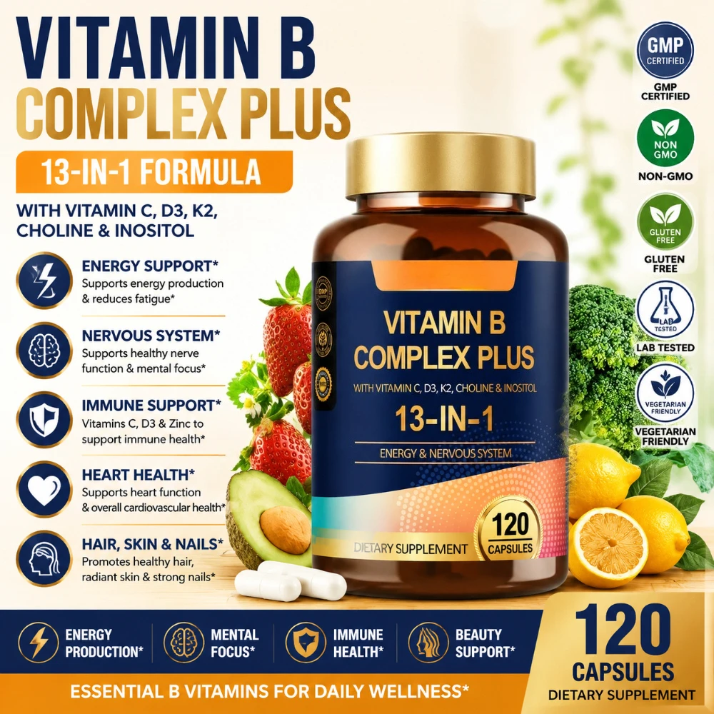 13-in-1 Vitamin B Complex Plus with Vitamin B1 B2 B3 (Niacin) B4 B5 B6 B7 (Biotin)B8 B9 K2 for Energy 120 Capsules
13-in-1 Vitamin B Complex Plus with Vitamin B1 B2 B3 (Niacin) B4 B5 B6 B7 (Biotin)B8 B9 K2 for Energy 120 Capsules