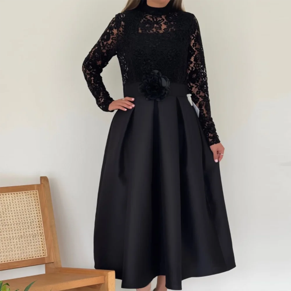 Customized Black A-Line Prom Dresses Tea-Length Full Sleeve O-Neck Evening Dresses Fashion Lace Embroidery Simple Flower waist
Customized Black A-Line Prom Dresses Tea-Length Full Sleeve O-Neck Evening Dresses Fashion Lace Embroidery Simple Flower waist
