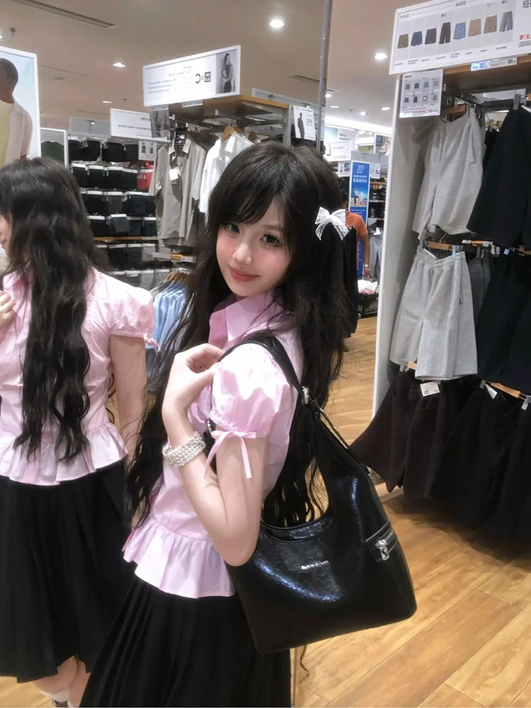 Pink Bubble Sve Waist-Cinching ort Sve irt Women's Summer Design Korean Sle Sweet Blouse Floral Lace Hem Slim Fit
Pink Bubble Sve Waist-Cinching ort Sve irt Women's Summer Design Korean Sle Sweet Blouse Floral Lace Hem Slim Fit