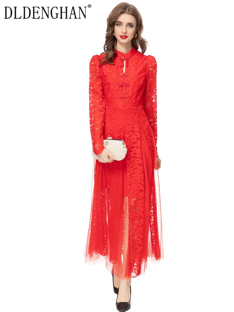 DLDENGHAN Spring Lace Long Dress Women Stand Collar Beading Disc Buckle Mesh Patchwork Vintage Dresses Fashion Designer New
DLDENGHAN Spring Lace Long Dress Women Stand Collar Beading Disc Buckle Mesh Patchwork Vintage Dresses Fashion Designer New