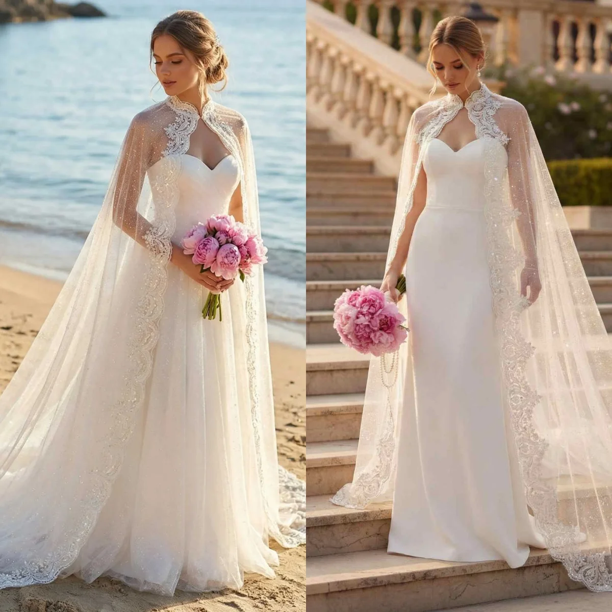 Graceful Lace Appliques Wedding Wraps Cape High Neck Sleeveless Long Bride Shawls Sequins Customized Wedding Accessories
Graceful Lace Appliques Wedding Wraps Cape High Neck Sleeveless Long Bride Shawls Sequins Customized Wedding Accessories