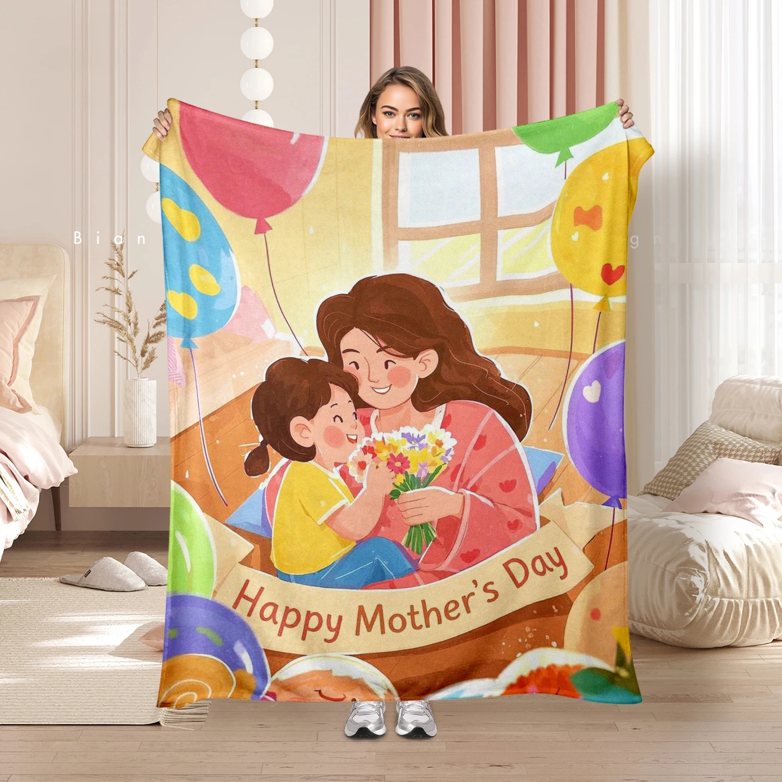 Special Mothers Day Offering Flannel Blanket With Cartoon Mother And Child And Balloons Bringing Warmth And Joy
Special Mothers Day Offering Flannel Blanket With Cartoon Mother And Child And Balloons Bringing Warmth And Joy
