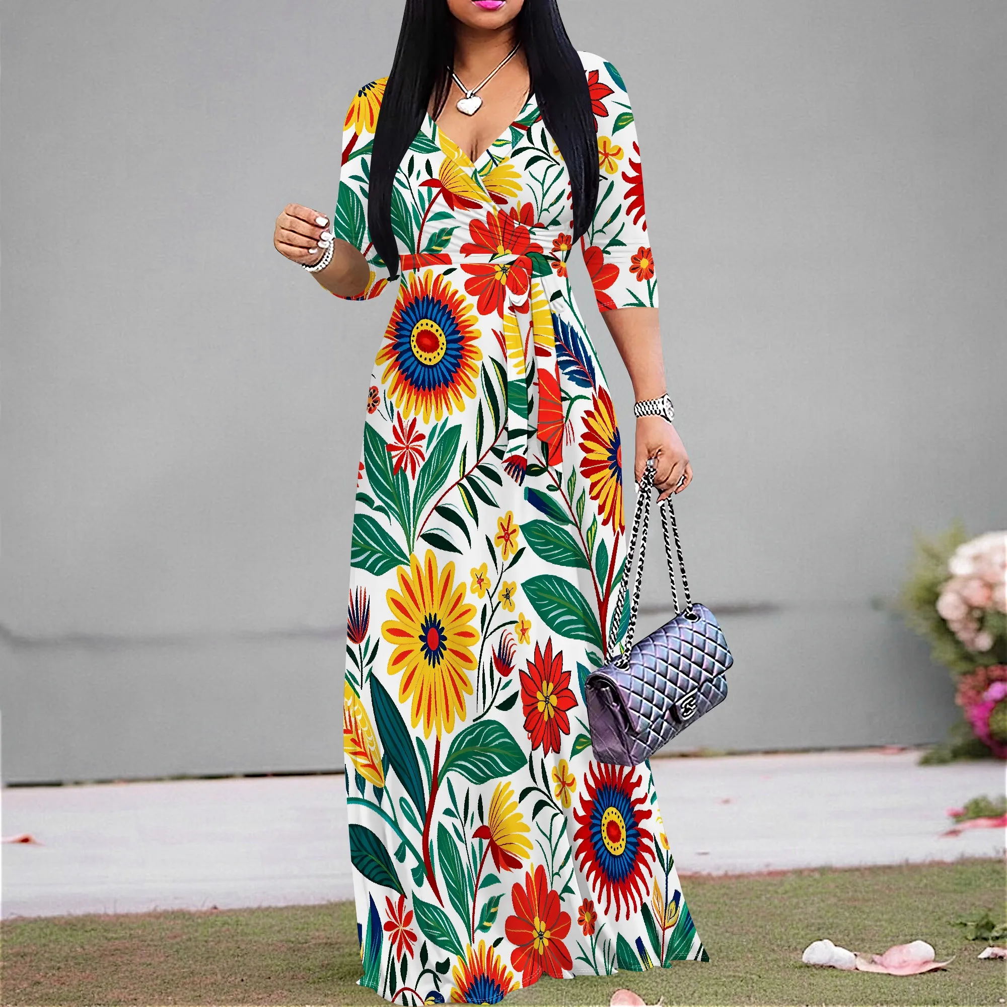 Bold Floral Print Maxi Dress for Women V-Neck Wrap Style Afro Boho Party or Summer Vacation Look 2025 Arrival
Bold Floral Print Maxi Dress for Women V-Neck Wrap Style Afro Boho Party or Summer Vacation Look 2025 Arrival