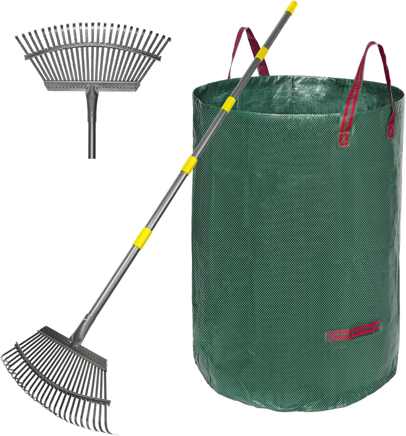 Adjustable Garden Rake for Leaves 36-73" Long Handle, 18" Wide, Heavy Duty with 25 Metal Tines, Includes 32-Gallon Leaf Bags
Adjustable Garden Rake for Leaves 36-73" Long Handle, 18" Wide, Heavy Duty with 25 Metal Tines, Includes 32-Gallon Leaf Bags