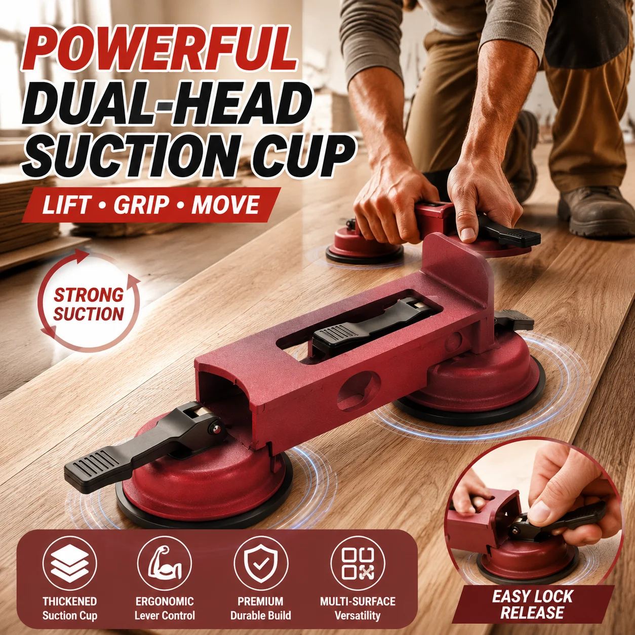 High Suction Double Cup Floor Installer Tool Adjustable Dual Suction Cup Puller For Wood Flooring Gap Closing Laminate Plank
High Suction Double Cup Floor Installer Tool Adjustable Dual Suction Cup Puller For Wood Flooring Gap Closing Laminate Plank