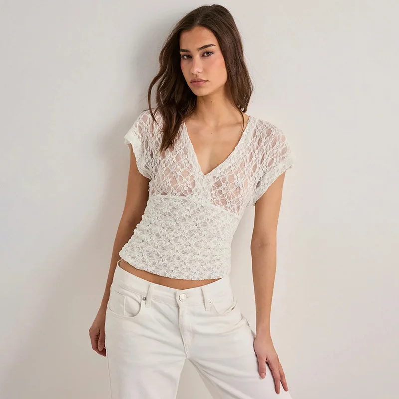 Typhaland Lace Hollow T shirt Women Fashion V-Neck See Through Short Sleeves T-Shirt Sexy Slim Top Pullovers 2026 Summer New
Typhaland Lace Hollow T shirt Women Fashion V-Neck See Through Short Sleeves T-Shirt Sexy Slim Top Pullovers 2026 Summer New