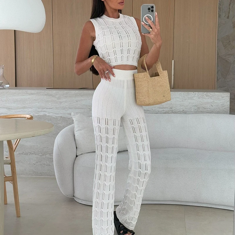 Fashion Knitted Hollow Slim 2Pc Suits Elegant O-neck Pullover Top & Straight Pant Set Women Casual Sleeveless Long Pant Outfits
Fashion Knitted Hollow Slim 2Pc Suits Elegant O-neck Pullover Top & Straight Pant Set Women Casual Sleeveless Long Pant Outfits