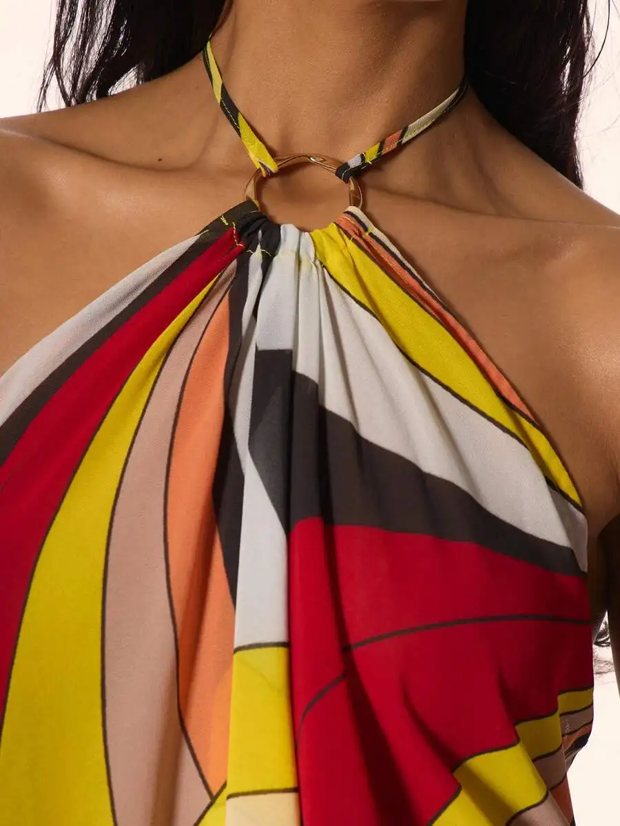 Halter Neck Ring Detail Draped Mini Dress Striped Geometric Print Summer Vacation Beach Party
Halter Neck Ring Detail Draped Mini Dress Striped Geometric Print Summer Vacation Beach Party