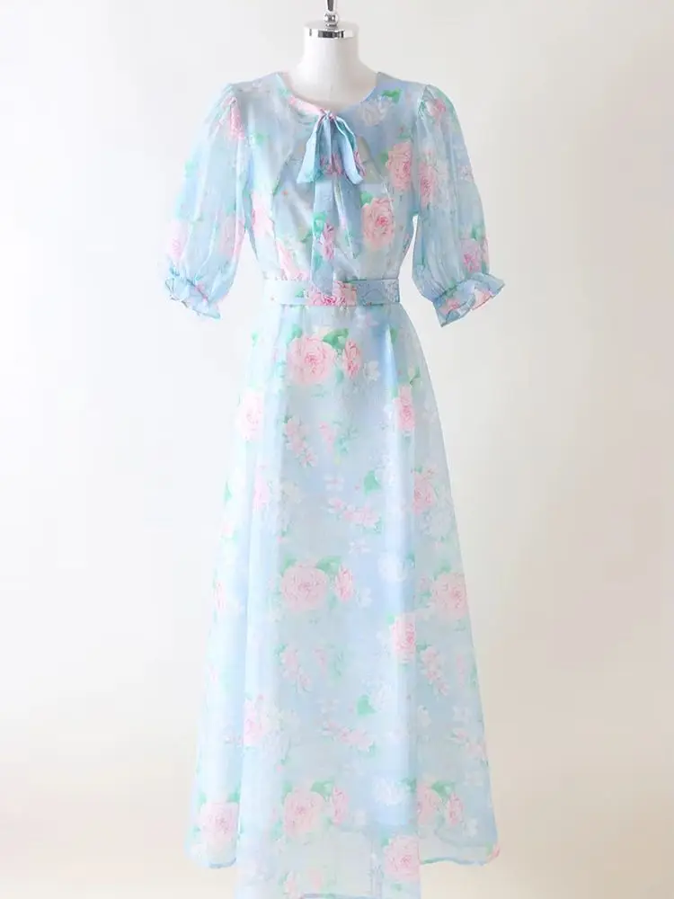 Blue Floral Print Puff Sleeve Midi Dress Women Elegant Bow Tie Waist Summer Vacation Party Co-ord Outfit
Blue Floral Print Puff Sleeve Midi Dress Women Elegant Bow Tie Waist Summer Vacation Party Co-ord Outfit