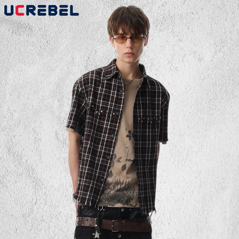 Plaid Raw Edge Short Sleeve Shirts Mens with Rivets Summer Retro High Street Single Breasted Lapel Half-Sleeve Shirts Man
Plaid Raw Edge Short Sleeve Shirts Mens with Rivets Summer Retro High Street Single Breasted Lapel Half-Sleeve Shirts Man