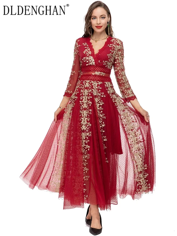 DLDENGHAN Spring Summer Women Mesh Long Dress V-Neck Gold Thread Flower Embroidery Hollow Out Vintage Dress Fashion Designer New
DLDENGHAN Spring Summer Women Mesh Long Dress V-Neck Gold Thread Flower Embroidery Hollow Out Vintage Dress Fashion Designer New