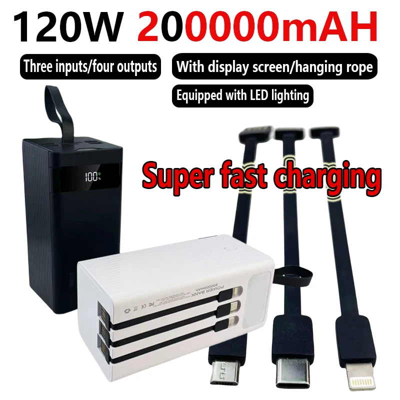 Dual directional fast mobile power bank suitable for iPhone and Huawei 120W 200000 mAh charger, with built-in cable and large ca
Dual directional fast mobile power bank suitable for iPhone and Huawei 120W 200000 mAh charger, with built-in cable and large ca