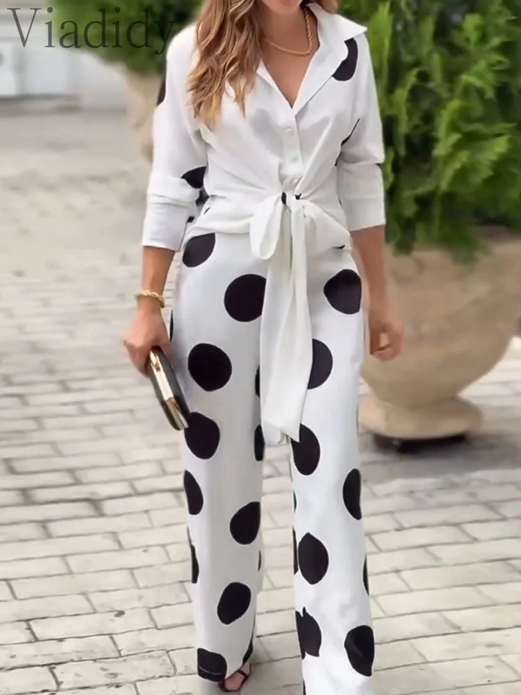 Women's 2 Pieces Outfit Polka Dot Pattern Long Sleeve Waist Tied Detail Blouse and Casual Wide Leg Pants Set
Women's 2 Pieces Outfit Polka Dot Pattern Long Sleeve Waist Tied Detail Blouse and Casual Wide Leg Pants Set