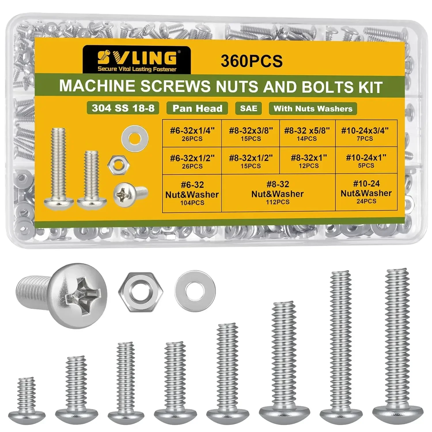 360Pcs 304 Stainless Steel Machine Screw and Nut Assortment Kit, #6-32 #8-32 #10-24, Phillips Pan Head Bolts with Full Thread, Storage Case Included
360Pcs 304 Stainless Steel Machine Screw and Nut Assortment Kit, #6-32 #8-32 #10-24, Phillips Pan Head Bolts with Full Thread, Storage Case Included