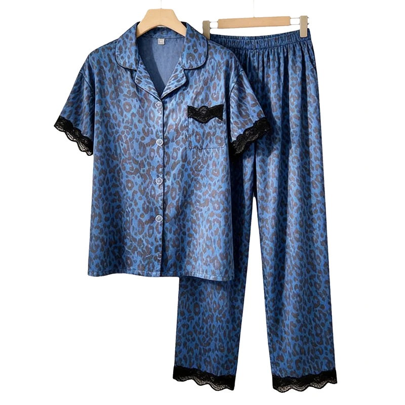 Ins Style High-End Lace Leopard Print Imitation Silk Black Sleepwear Short Sleeved Pants Home Suit Ladies Pajamas Homewear
Ins Style High-End Lace Leopard Print Imitation Silk Black Sleepwear Short Sleeved Pants Home Suit Ladies Pajamas Homewear