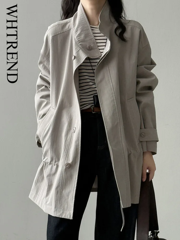 WHTREND Korean Style Stand Collar Waist Drawstring Trench Coat For Women Autumn Elegant Mid-Length Coat WH1377 
WHTREND Korean Style Stand Collar Waist Drawstring Trench Coat For Women Autumn Elegant Mid-Length Coat WH1377