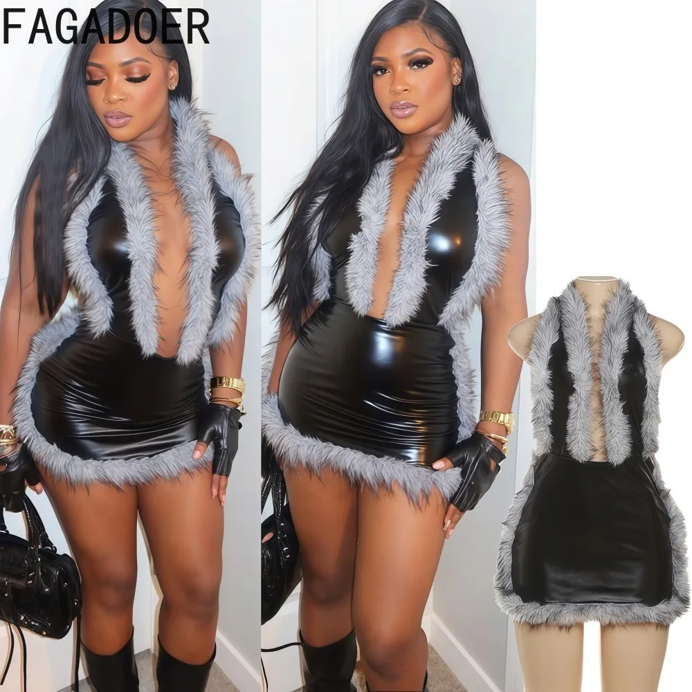 FAGADOER Sexy Fur Leather Patchwork Bodycon Dresses for Women Halter Deep V-neck Backless Dress Female Streetwear Vestidos New 
FAGADOER Sexy Fur Leather Patchwork Bodycon Dresses for Women Halter Deep V-neck Backless Dress Female Streetwear Vestidos New