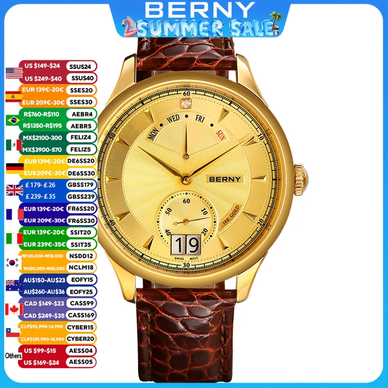 BERNY 18K Gold Men Quartz Watches Luxury Swiss Movement Day Top Calendar Business Style Wateproof Wristwatch Gold Men's Watch
BERNY 18K Gold Men Quartz Watches Luxury Swiss Movement Day Top Calendar Business Style Wateproof Wristwatch Gold Men's Watch