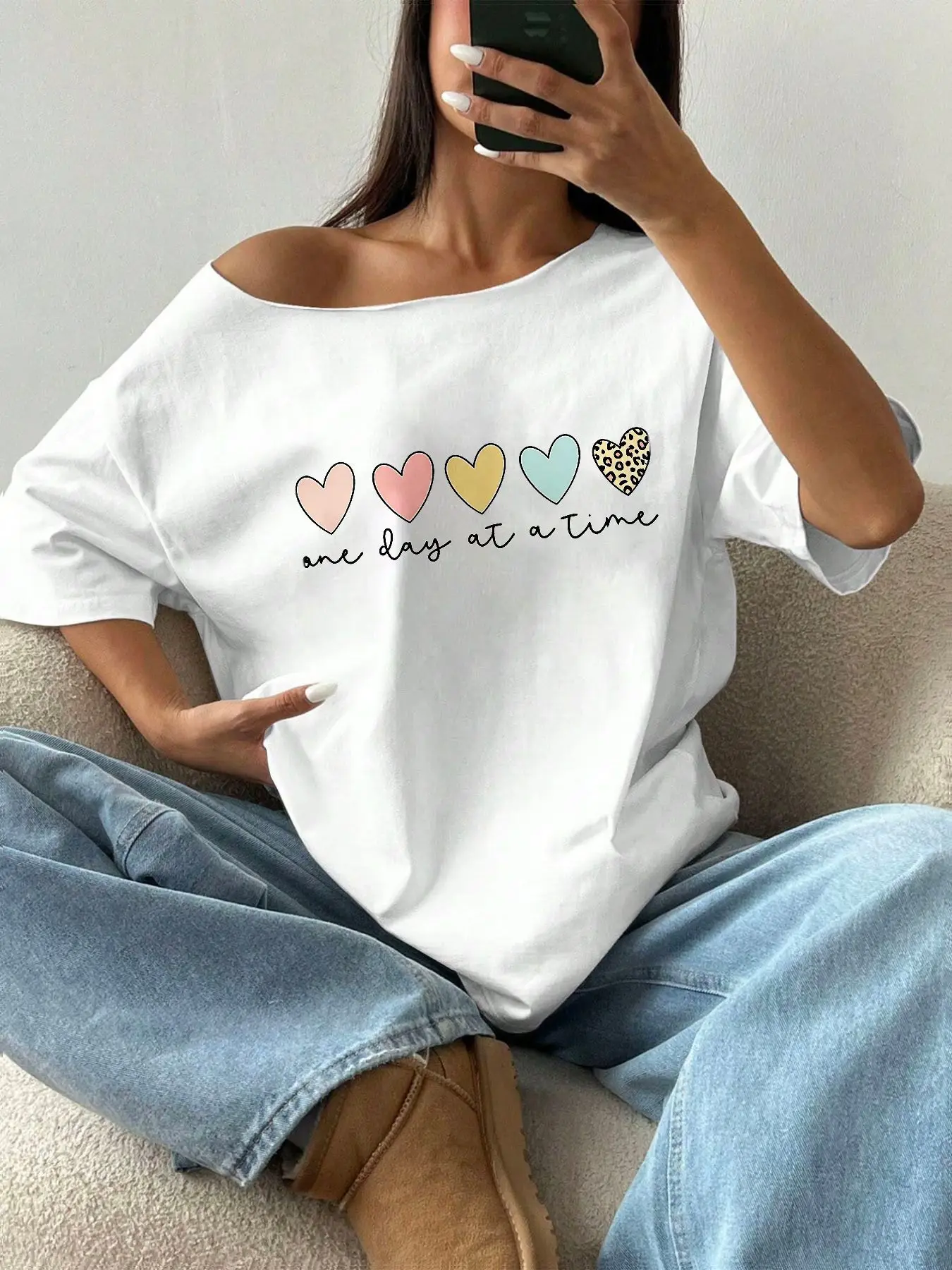 Plus Size One Day At A Time Heart Print Shirt 100% Cotton Shoulder Loose Print T-Shirt Oversized Y2K Style Graphic Tees Women
Plus Size One Day At A Time Heart Print Shirt 100% Cotton Shoulder Loose Print T-Shirt Oversized Y2K Style Graphic Tees Women