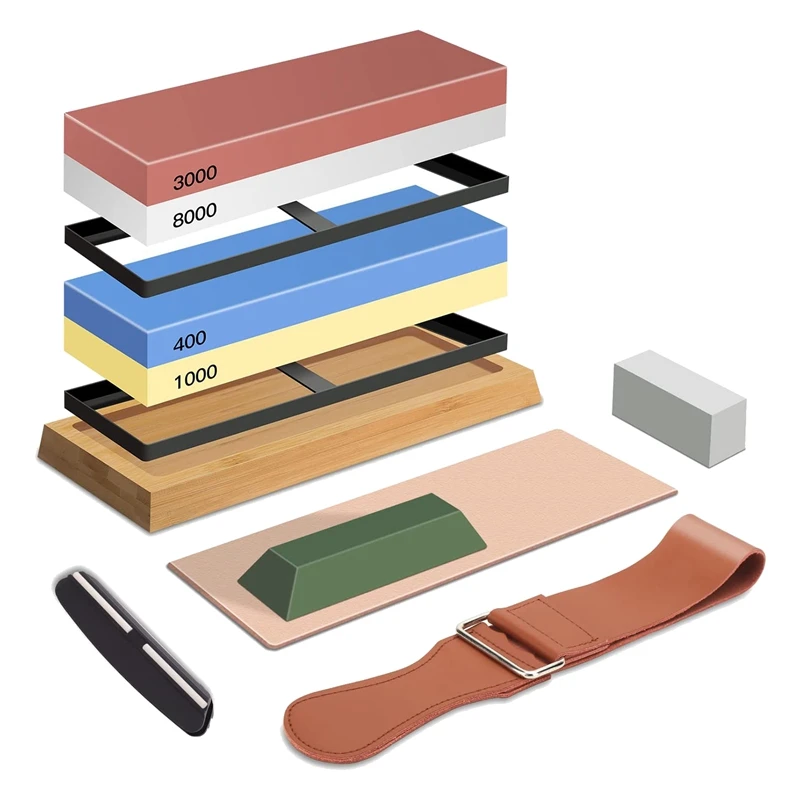Enjoy New Knife Sharpening Stone Kit, 4 Side Grit 400/1000 3000/8000 Whetstone, Professional Whetstone Knife Sharpener Set
Enjoy New Knife Sharpening Stone Kit, 4 Side Grit 400/1000 3000/8000 Whetstone, Professional Whetstone Knife Sharpener Set