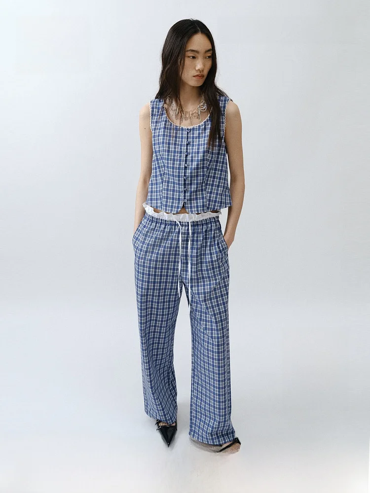 H&M Women's Drawstring Wide Leg Pants Summer 2026 Blue Plaid Double Waist Low Waist Casual Trousers Polyester Viscose
H&M Women's Drawstring Wide Leg Pants Summer 2026 Blue Plaid Double Waist Low Waist Casual Trousers Polyester Viscose