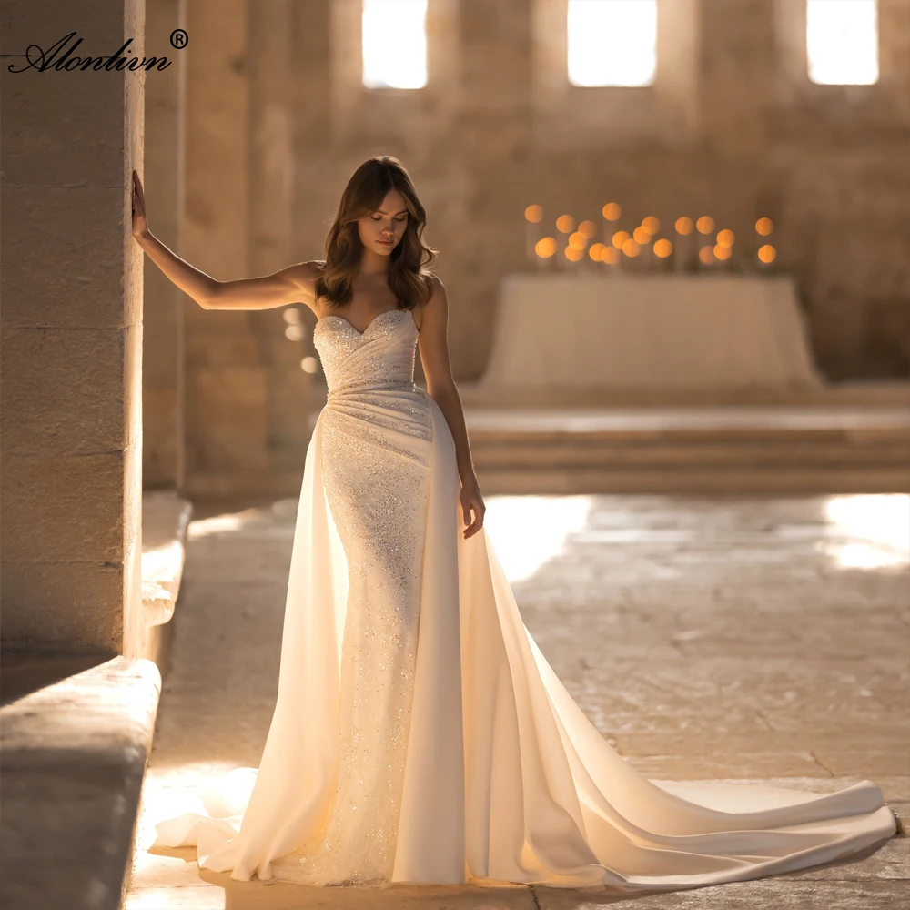 Alonlivn Shiny Lace Sweetheart 2 In 1 Mermaid Wedding Dress With Removable Train Off Shoulder Ruched Pleats Beading Bridal Gowns
Alonlivn Shiny Lace Sweetheart 2 In 1 Mermaid Wedding Dress With Removable Train Off Shoulder Ruched Pleats Beading Bridal Gowns