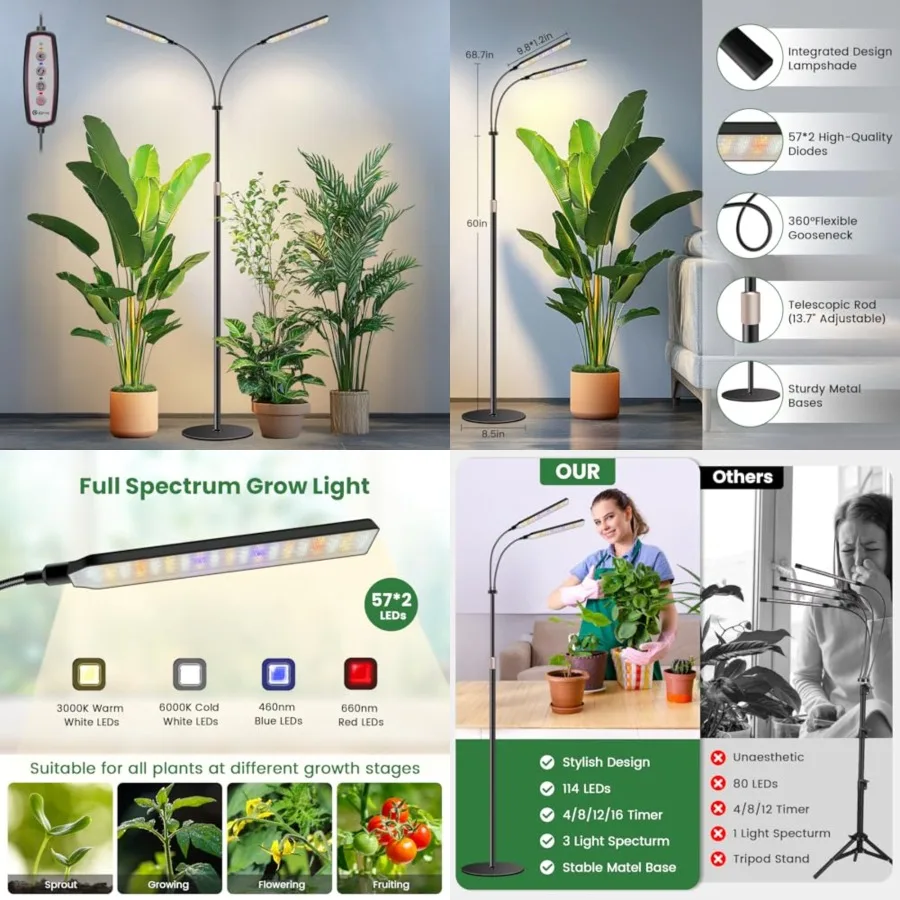 Black Floor Grow Lights for Indoor Plants, Full Spectrum LED Plant Grow Light with/8/1/16H Timer, 3 Color Modes, 24-68.7in High
Black Floor Grow Lights for Indoor Plants, Full Spectrum LED Plant Grow Light with/8/1/16H Timer, 3 Color Modes, 24-68.7in High