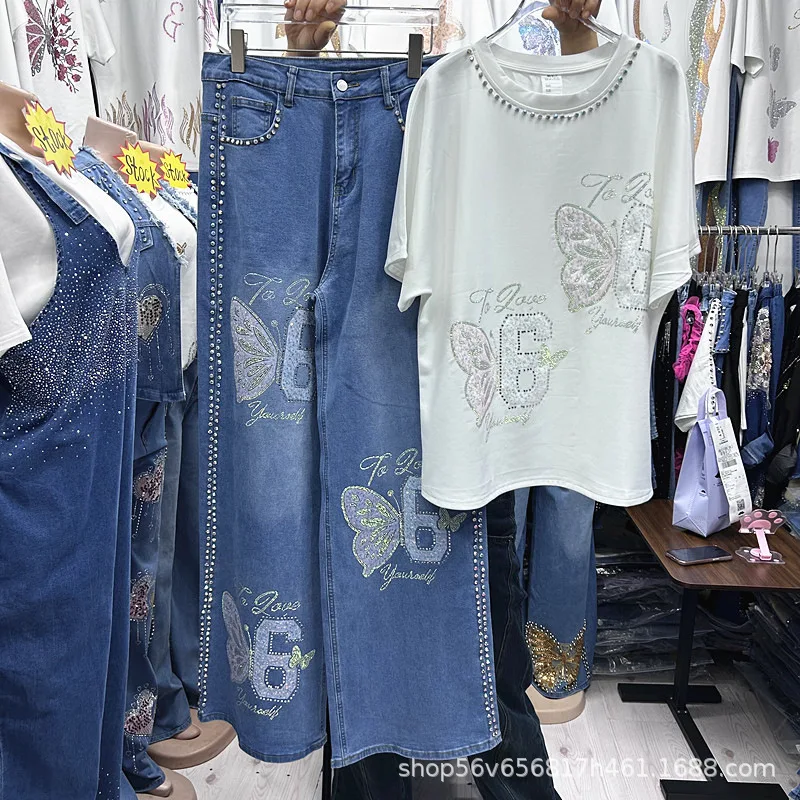 New Spring Summer Women Two-piece Set Butterfly Diamonds Loose Short Sleeve T-shirt Top + All-match High Waist Straight Jeans
New Spring Summer Women Two-piece Set Butterfly Diamonds Loose Short Sleeve T-shirt Top + All-match High Waist Straight Jeans