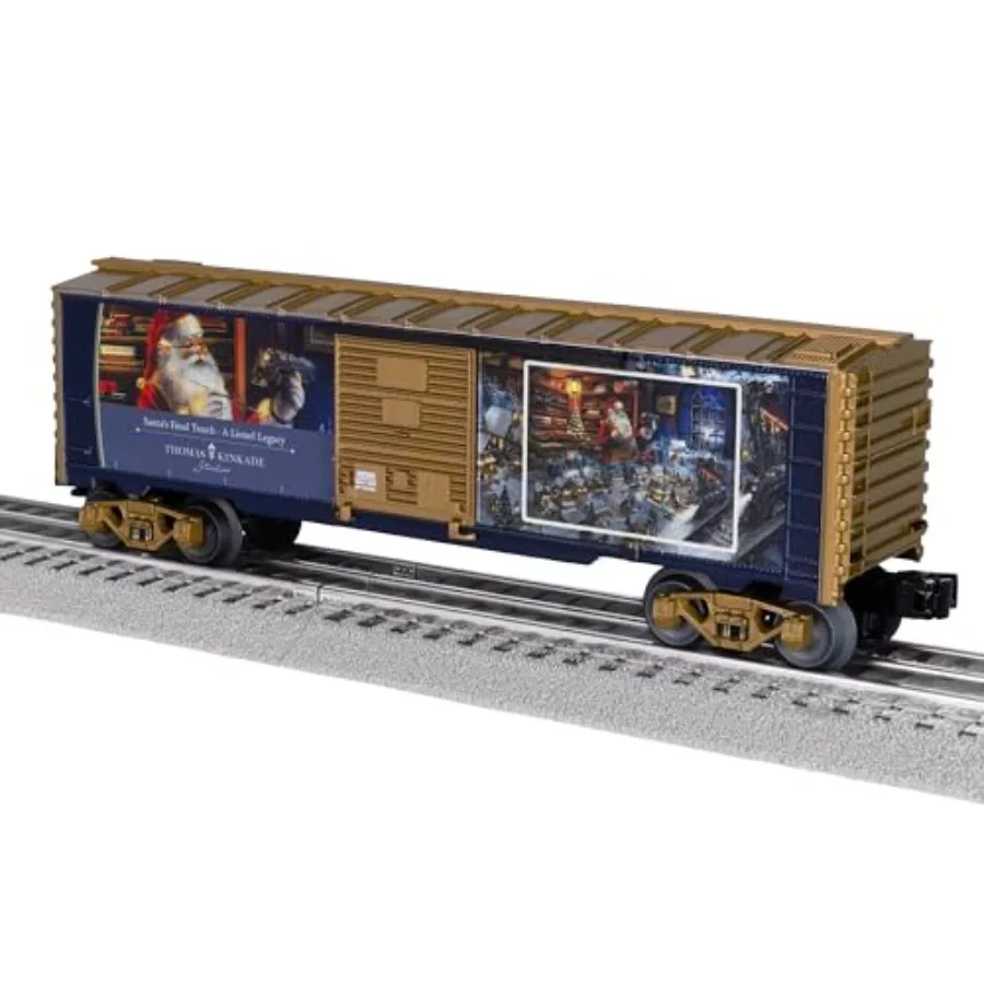 Model train boxcar for O gauge layout, wood and metal construction, red and green colors, detailed Santa-themed artwork and leg
Model train boxcar for O gauge layout, wood and metal construction, red and green colors, detailed Santa-themed artwork and leg