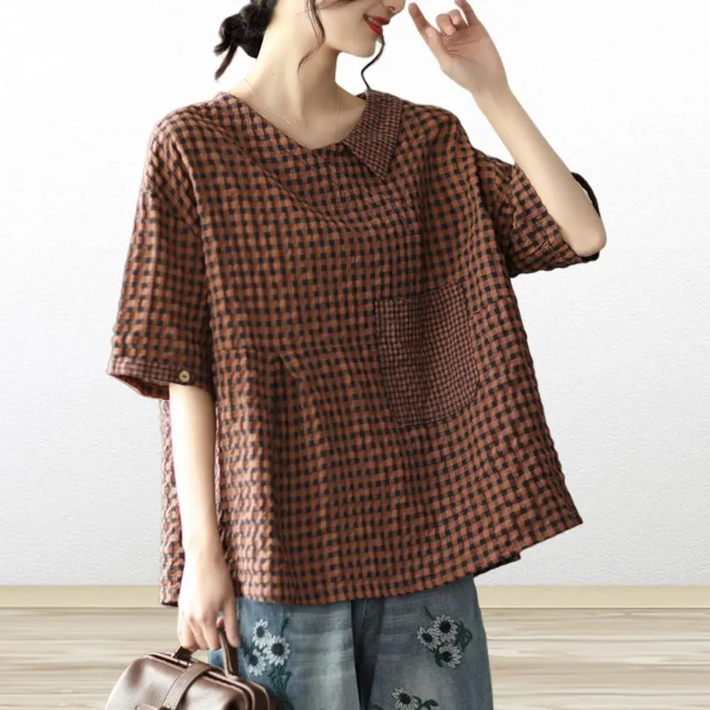 Loose Fit Tee Solid Color Summer Top Stylish Women's Plaid Print V-neck Tee Shirt with Pocket Loose Fit Short for Streetwear
Loose Fit Tee Solid Color Summer Top Stylish Women's Plaid Print V-neck Tee Shirt with Pocket Loose Fit Short for Streetwear