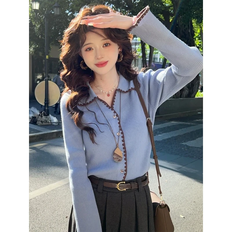 Корейский синий вязаный свитер, женский модный внутренний свитер с отложным воротником, модный осенне-зимний топ
Корейский синий вязаный свитер, женский модный внутренний свитер с отложным воротником, модный осенне-зимний топ