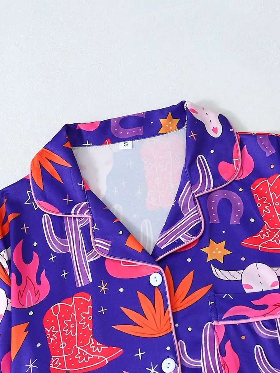 Womens Western Print Short Sleeve Pajama Top, Comfortable Satin Sleepwear for Home
Womens Western Print Short Sleeve Pajama Top, Comfortable Satin Sleepwear for Home