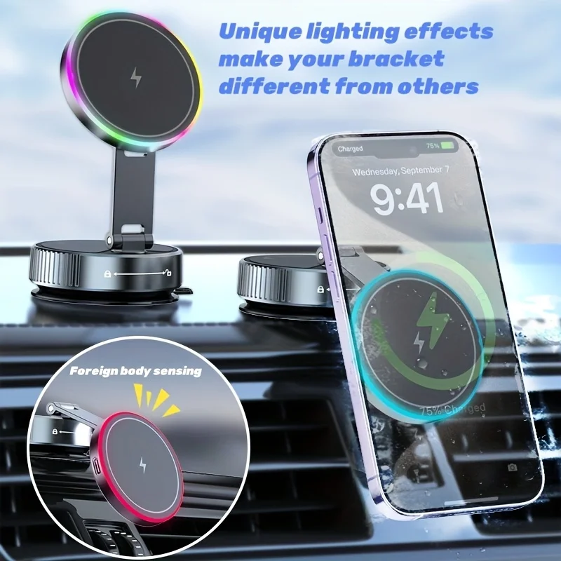 15W Fast Charging Wireless Charger Car Magnetic Mobile Phone Holder Wireless Charging Vacuum Suction Cup With Rainbow LED Light
15W Fast Charging Wireless Charger Car Magnetic Mobile Phone Holder Wireless Charging Vacuum Suction Cup With Rainbow LED Light