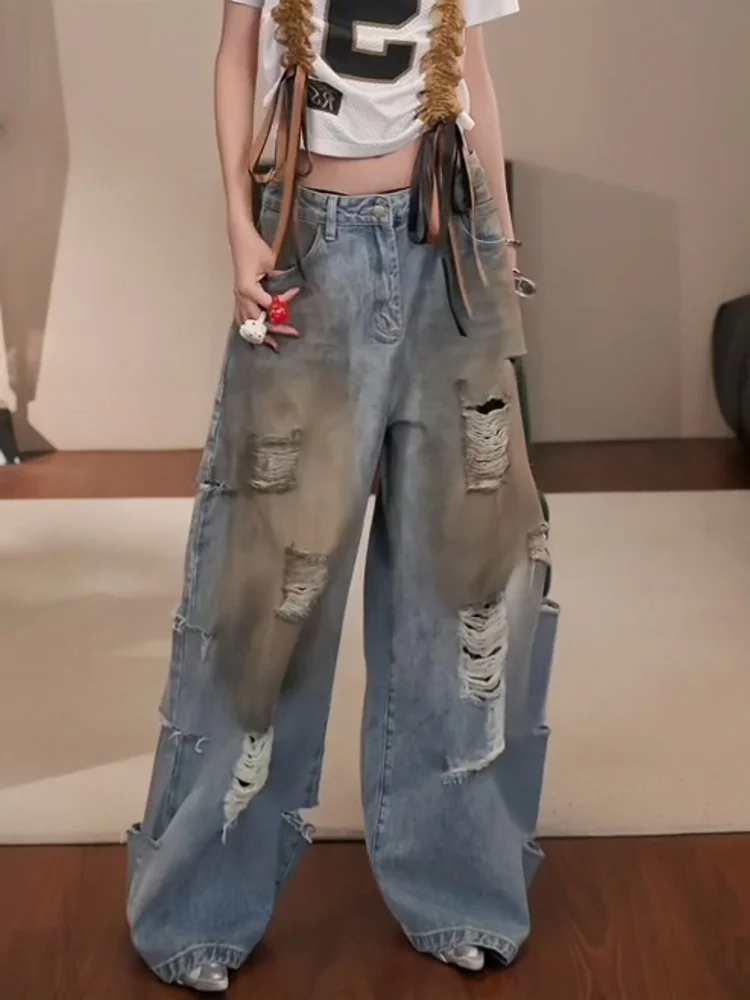 Retro American Washed Distressed Denim Jeans Women's Loose Fit High Waist Tear Hole Long Pants Casual Style Pure Color
Retro American Washed Distressed Denim Jeans Women's Loose Fit High Waist Tear Hole Long Pants Casual Style Pure Color