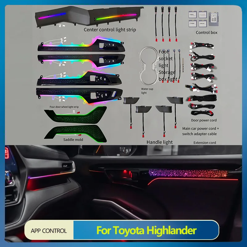 Светодиодный окружающий свет для Toyota Highlander 2022+, обшивка двери, приборная панель, направляющая полоса, кнопка управления через приложение
Светодиодный окружающий свет для Toyota Highlander 2022+, обшивка двери, приборная панель, направляющая полоса, кнопка управления через приложение